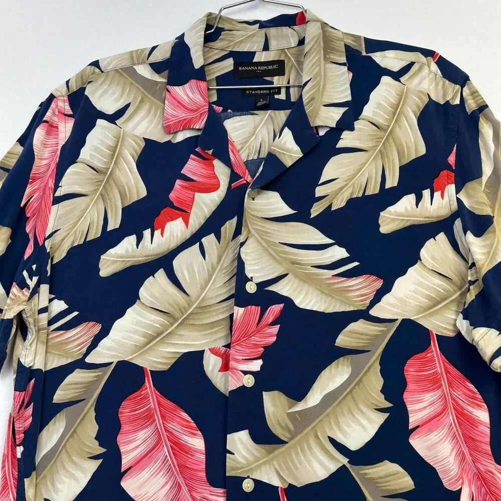 Banana Republic Rayon Hawaiian Camp Shirt Men's Large Tropical Leaf Blue Pink